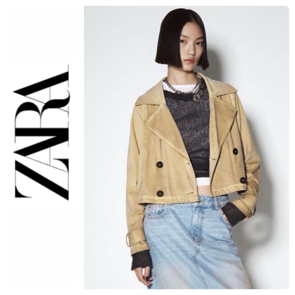 NWT Zara Garment Dye Faux Suede Short Double Breasted Cropped Trench Style Coat